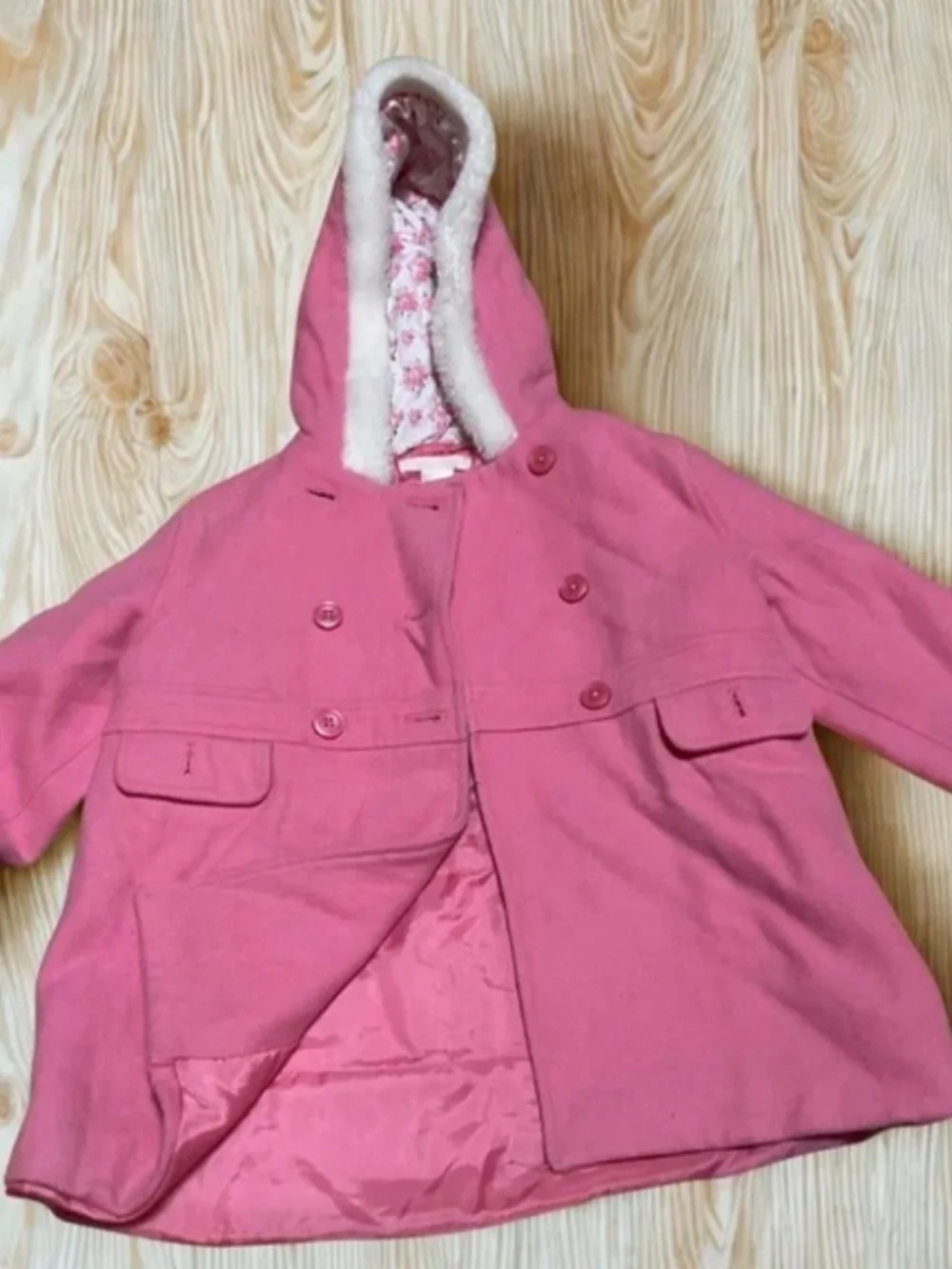 Janie and Jack Pink Double-Breasted Pea Coat with Faux Fur Hood